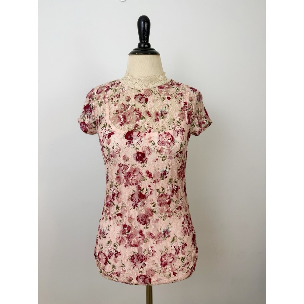 LACE Pink Mesh TOP Medium Rose Print Sheer Fairy Y2K Ruched Coquette Long Floral